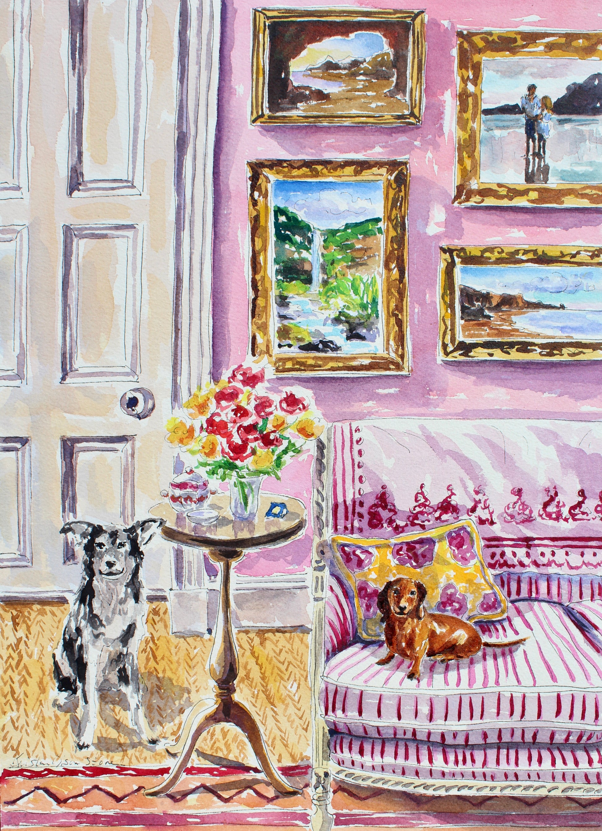 A watercolor painting featuring two dogs, one standing and one lying, in an interior setting with a pink sofa, decorative pillows, a floral arrangement, and framed paintings on the wall.  Wall decor for art collectors.