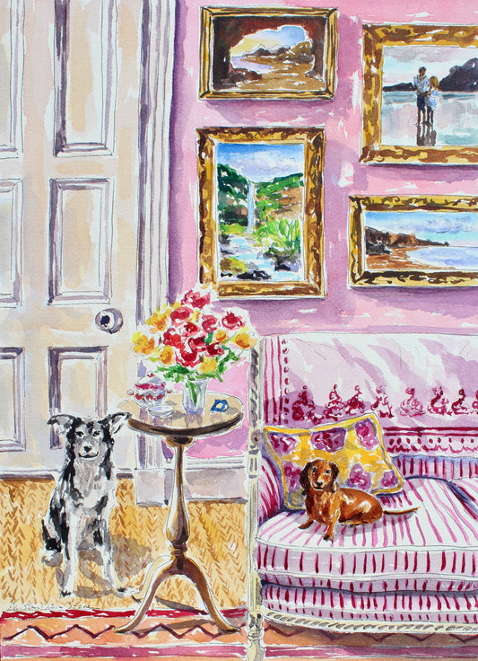 A watercolor painting featuring two dogs, one standing and one lying, in an interior setting with a pink sofa, decorative pillows, a floral arrangement, and framed paintings on the wall.  Wall decor for art collectors.