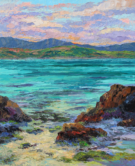 An original impasto oil painting depicting a sunset over a Kailua Bay on the Hawaiian island of Oahu with a shoreline and mountains in the background, painted with thick palette knife strokes. Wall decor for art collectors.