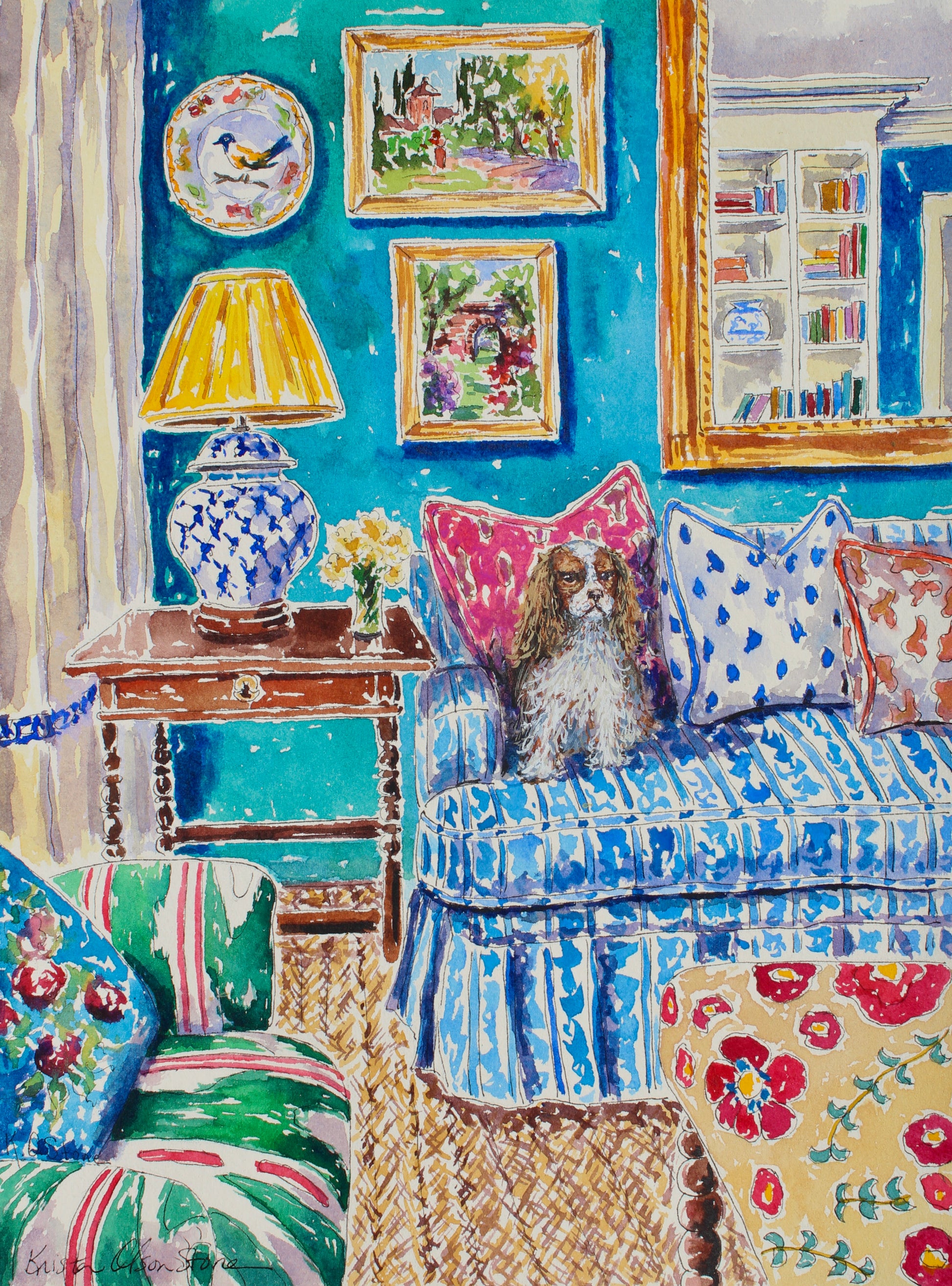 A watercolor painting of a spaniel on a sofa in a gorgeous room with maximalist decor.  Wall decor for art collectors.