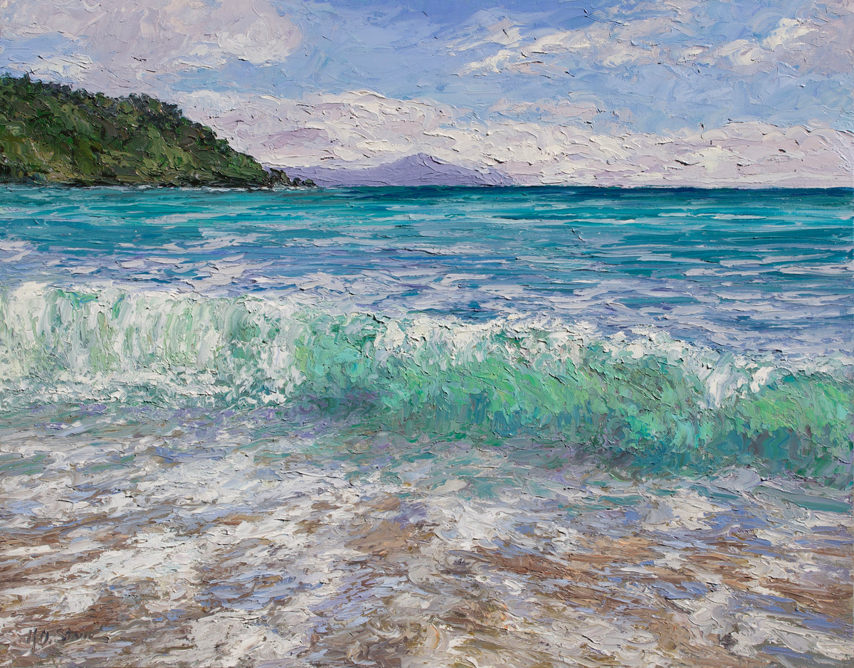 Impressionistic painting of a New Zealand Beach scene with turquoise ocean waves rolling onto sandy shore, a green rocky coastline on the left, and a cloudy blue sky.
