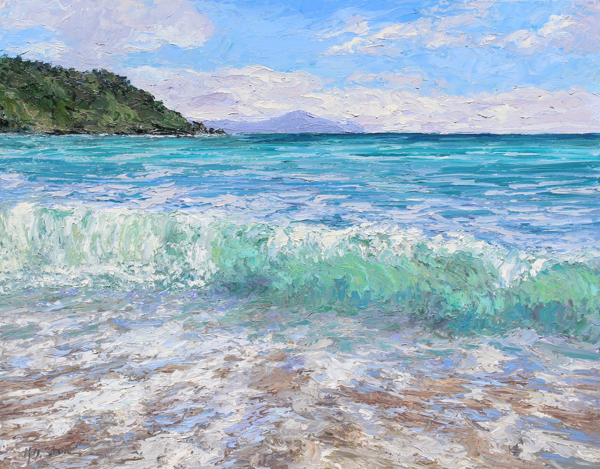 Original Impasto Oil Painting of a coastal scene with waves and a clear sky on the coast of the North Island of New Zealand. Wall decor for art collectors.
