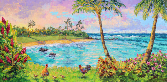 Tropical landscape on the Hawaiian  island of Kauai with a view framed with palm trees, red ginger flowers, and chickens by a serene ocean.  Waves are crashing on the distant rocks.  Wall decor for art collectors.