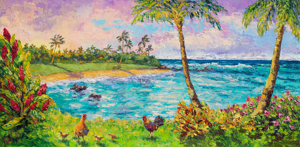 A colorful tropical Kauai beach landscape painting with turquoise ocean water, palm trees, pink and purple sky, green grass, a family of chickens and flowers in the foreground. No frame or wall is visible; the artwork fills the image.