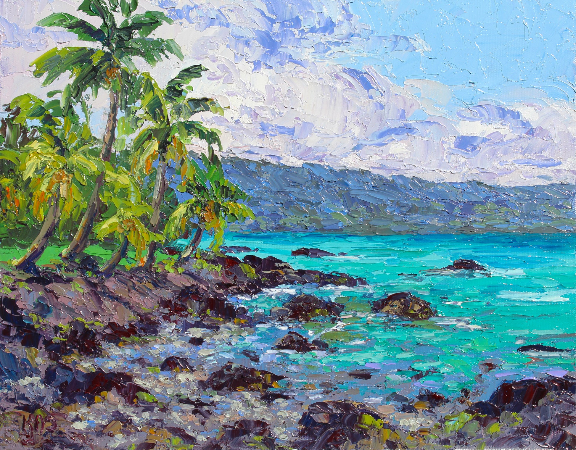 An impasto oil painting of a sea cove on the Hilo Kohala coast of The Big Island Of Hawaii with coconut palm trees leaning towards the sea.  Lava rock in shades of black, violet and green line the sea cove.  Wall decor for art collectors.