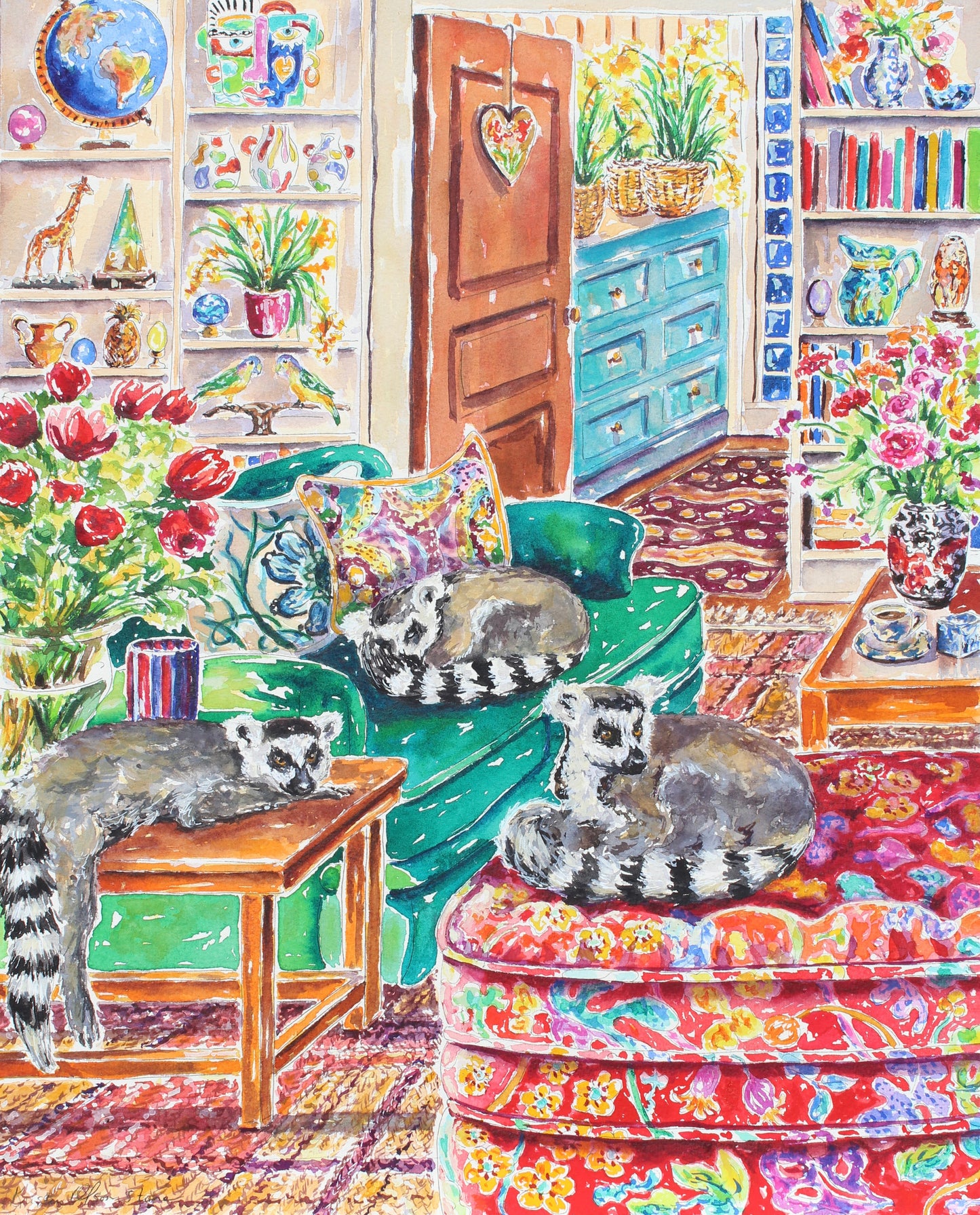 Colorful illustration of a living room with furniture and decorative items. Artwork for art collectors home decor