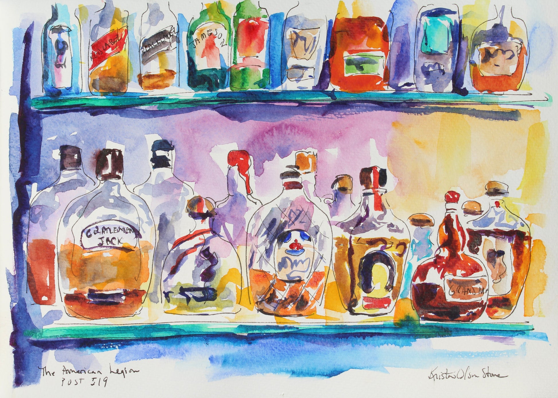 A colorful watercolor painting of liquor bottles on a glass shelf at The American Legion, Palm Springs, with a certificate of authenticity included.  Wall decor for art lovers.