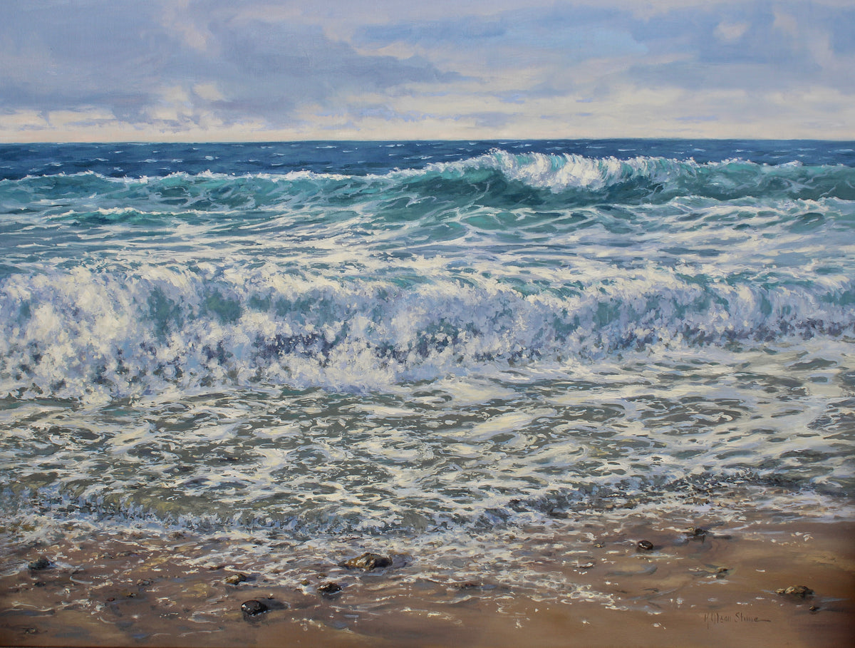 An original oil painting of a stormy sea and beach at Corona Del Mar.