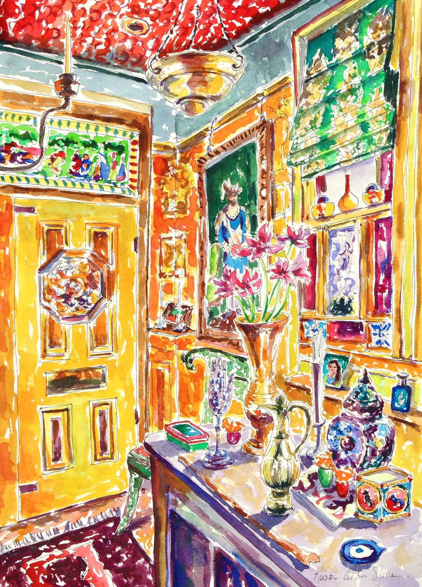A colorful watercolor painting of a London flat interior, featuring a vibrant foyer with floral decorations, a variety of furniture, and a window with a view of a building across the street.  Wall decor for art collectors.