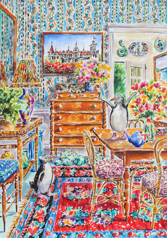 Colorful interior scene with penguins, a sleeping cat, antique furniture, and decorative elements including fishing floats, a painting of The Railway Station in Dunedin, New Zealand, a British teapot, a painting of a Tui bird and other New Zealand elements. Art decor for art collectors.