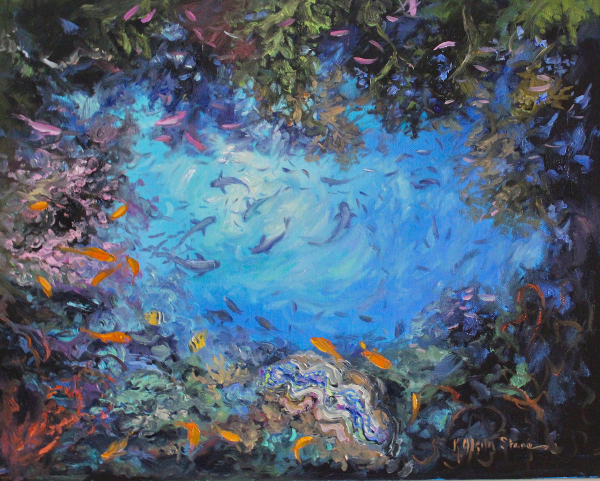 An original oil painting depicting a view looking up from the reef below, with a vibrant blue background and various colored fish swimming around.
