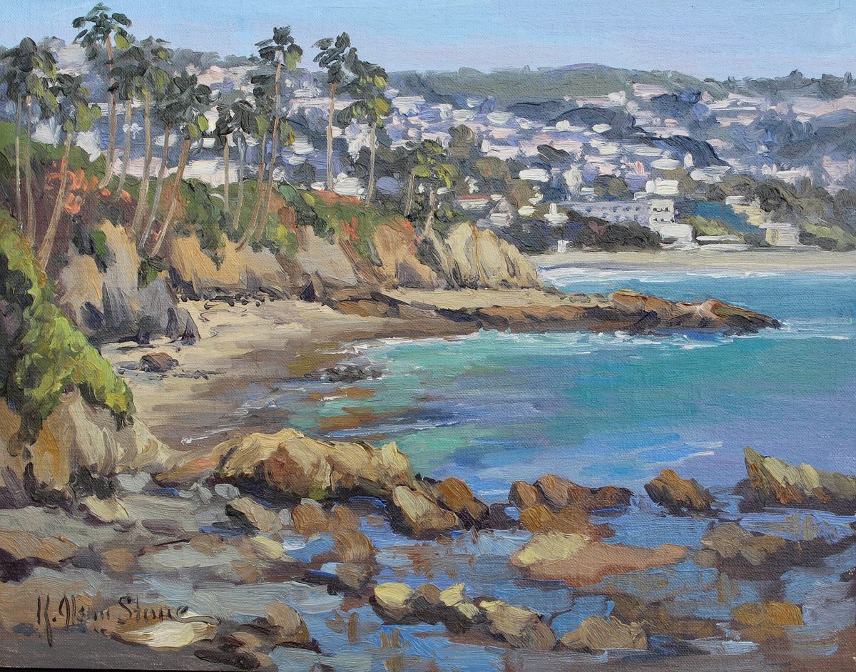 An original plein air oil painting of a coastal scene with palm trees in the background and a body of water in the foreground.