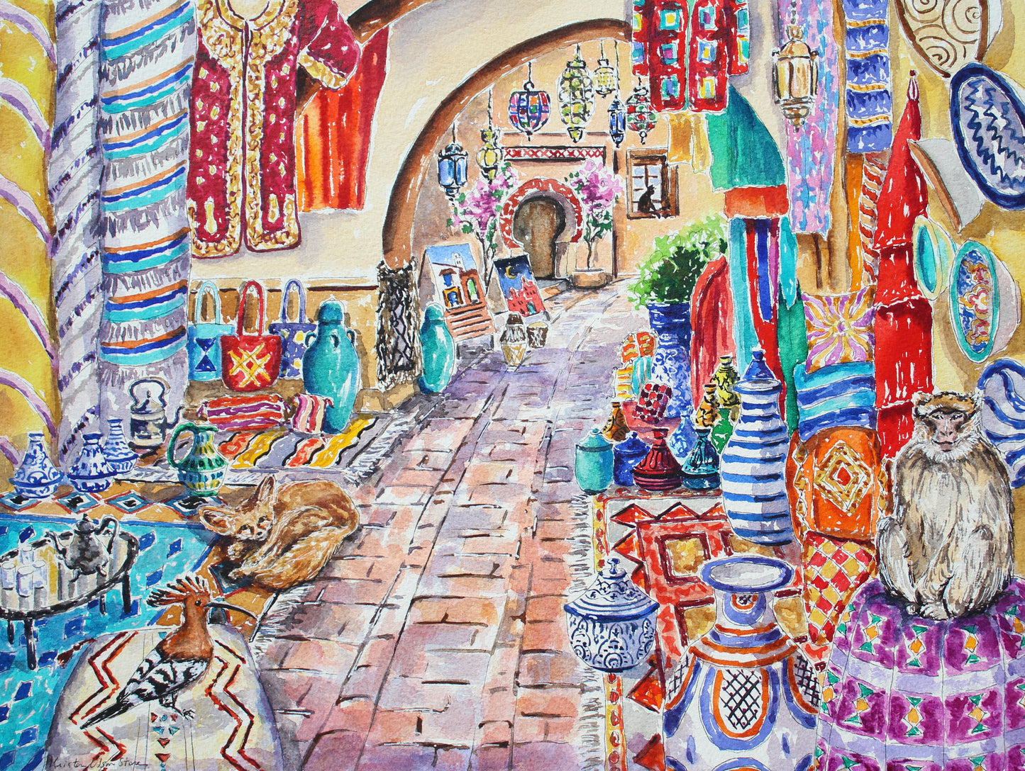 An original watercolor of The Medina in Marrakech, Morocco.  A monkey sits on  vase on the right side while a Hoopoe bird is on the rug on the left in front of a fox.  Interesting bowls, vases and tapestries surround the scene. Wall decor for art collectors.  