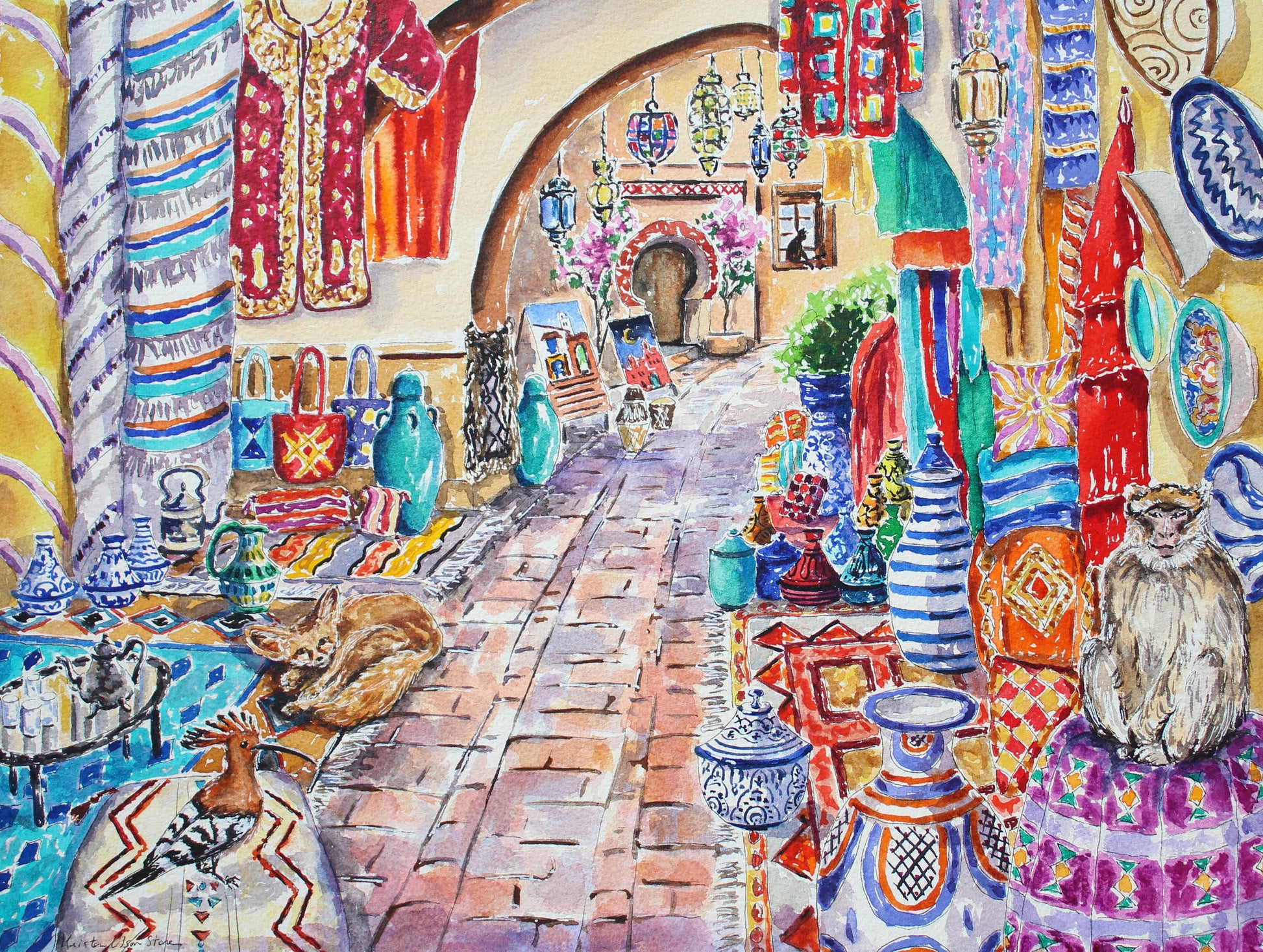 An original watercolor of The Medina in Marrakech, Morocco.  A monkey sits on  vase on the right side while a Hoopoe bird is on the rug on the left in front of a fox.  Interesting bowls, vases and tapestries surround the scene. Wall decor for art collectors.  