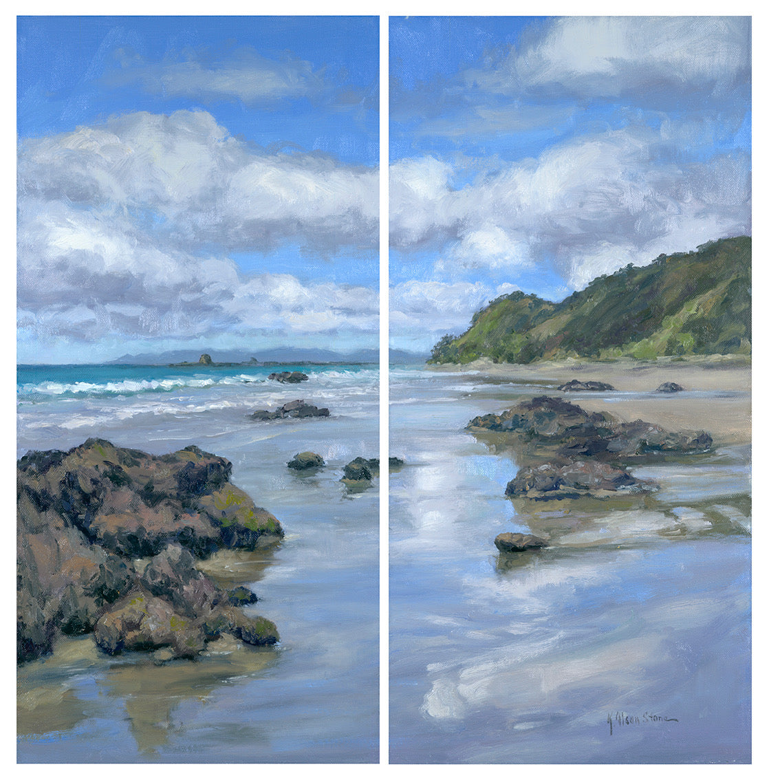 An original diptych of 2 panels of canvas, each panel is 20 inches by 10 inches, depicting the seascape of Mangawhai Heads Beach with rocks and a coastal landscape.