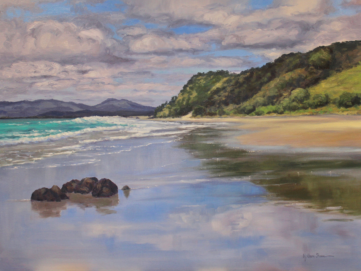 A painting of the wet sand at Mangawhai Heads Beach with cloud reflections, featuring a blend of sky and water colors.