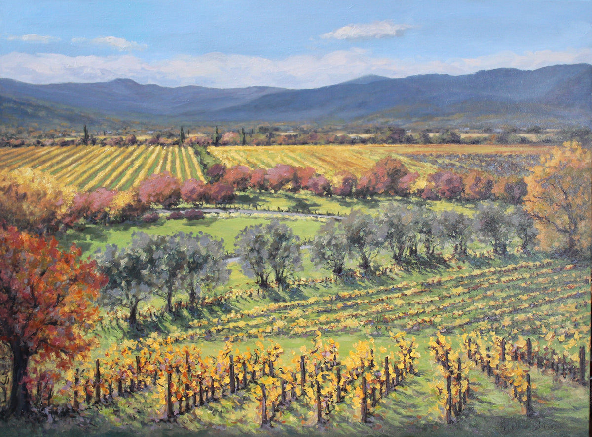 An original oil painting of a fall vineyard in Marlborough, New Zealand, featuring a landscape with green fields, brown trees, and distant mountains.