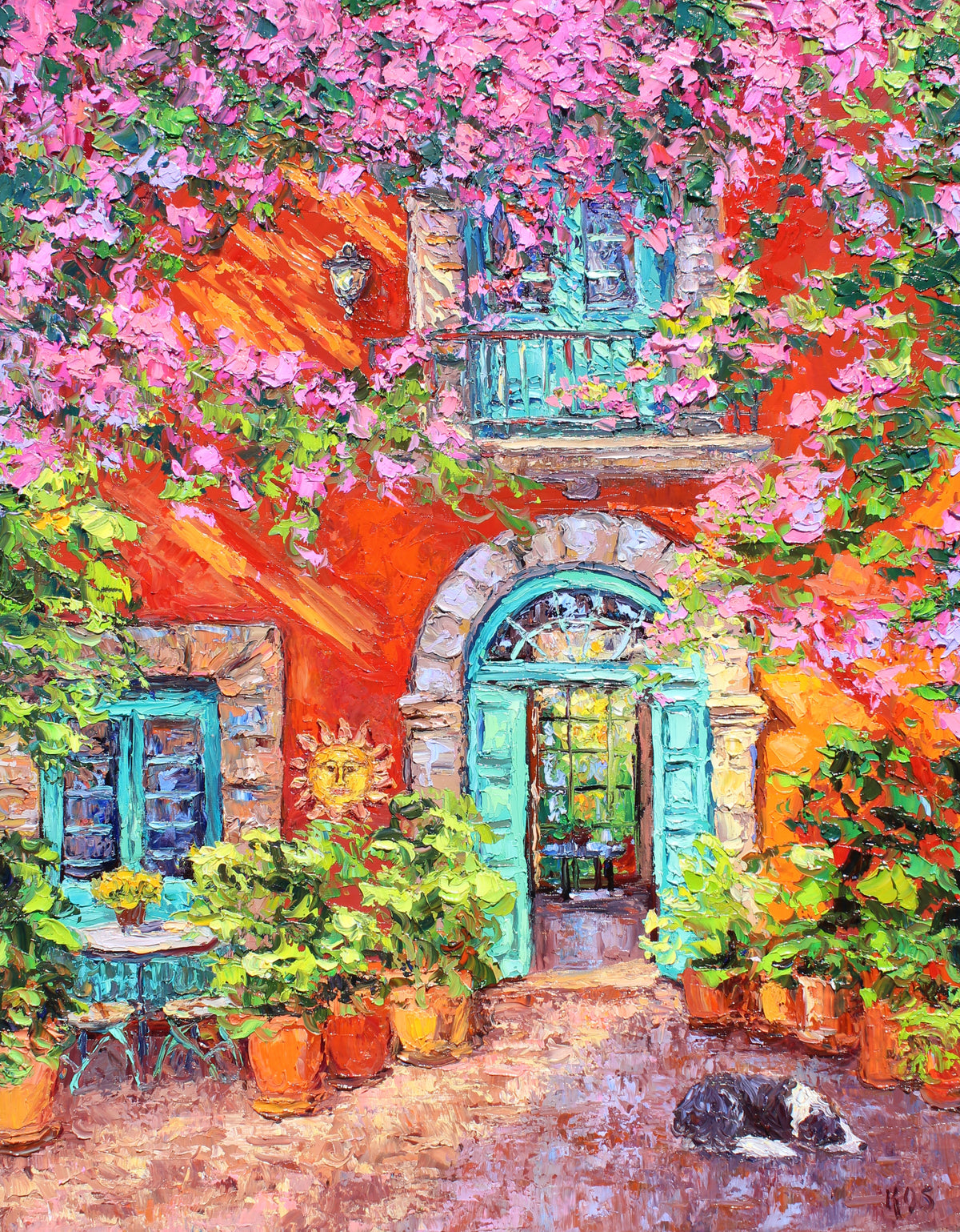 Colorful painting of a Mediterranean street with flowers and a cat.