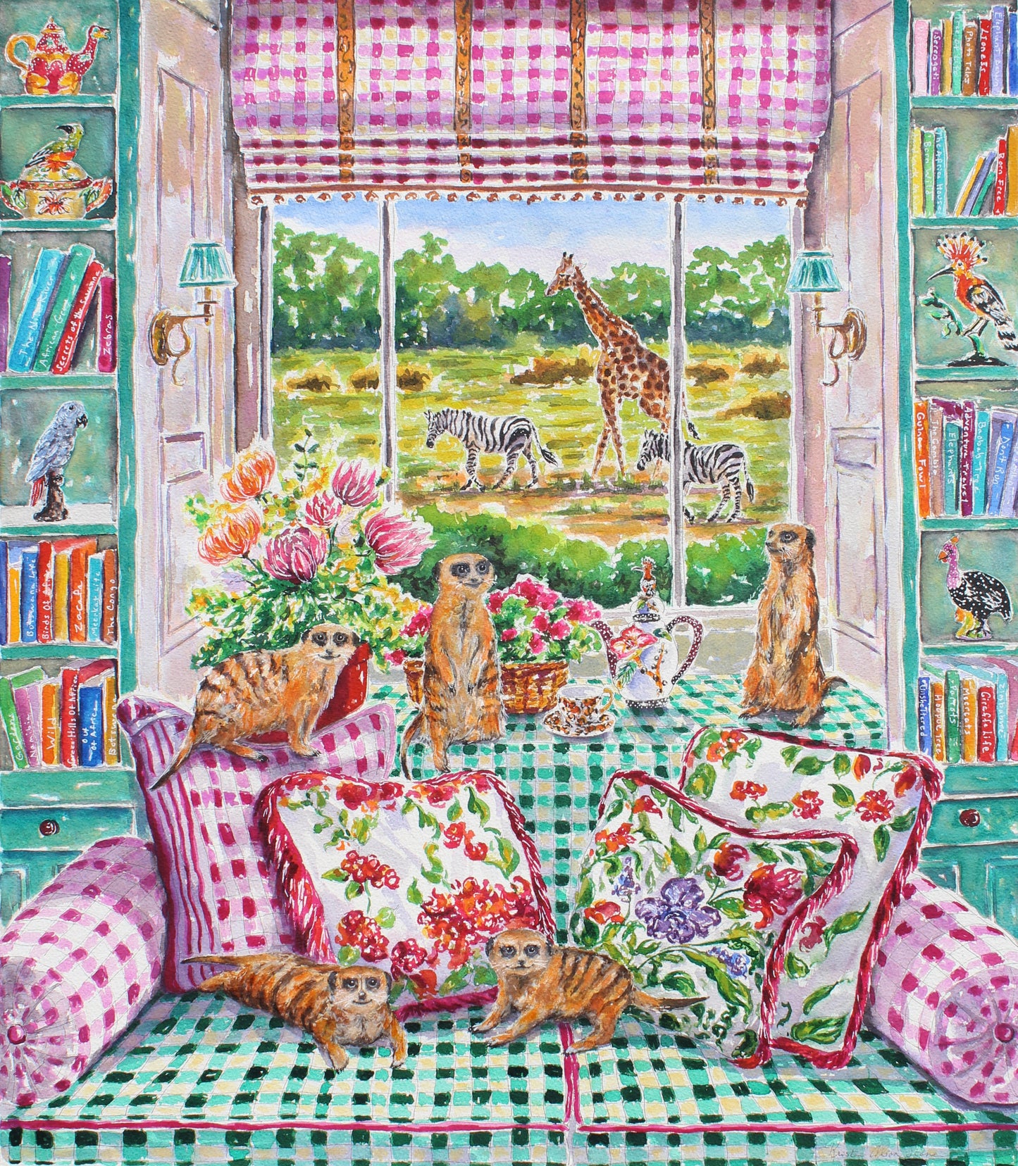 A colorful painting depicting five meerkats in an interior room with floral and animal print decor, looking out to a landscape with a giraffe and zebras. Art decor for collectors
