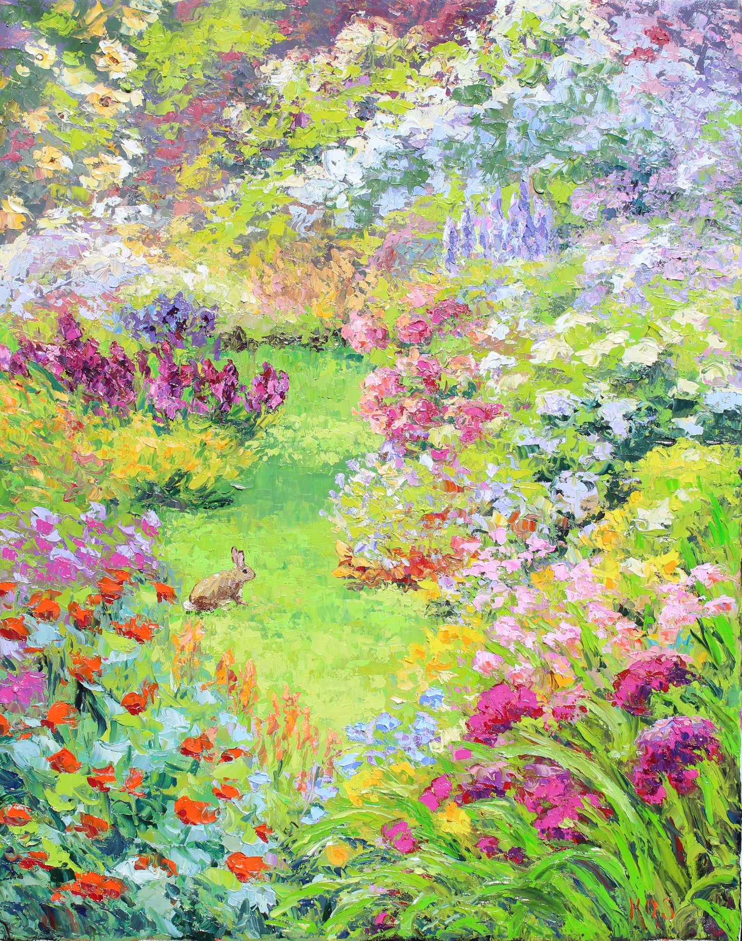 A vibrant oil painting depicting a garden with a variety of flowers and a small rabbit, inspired by Miss Beatrix Potter's work.