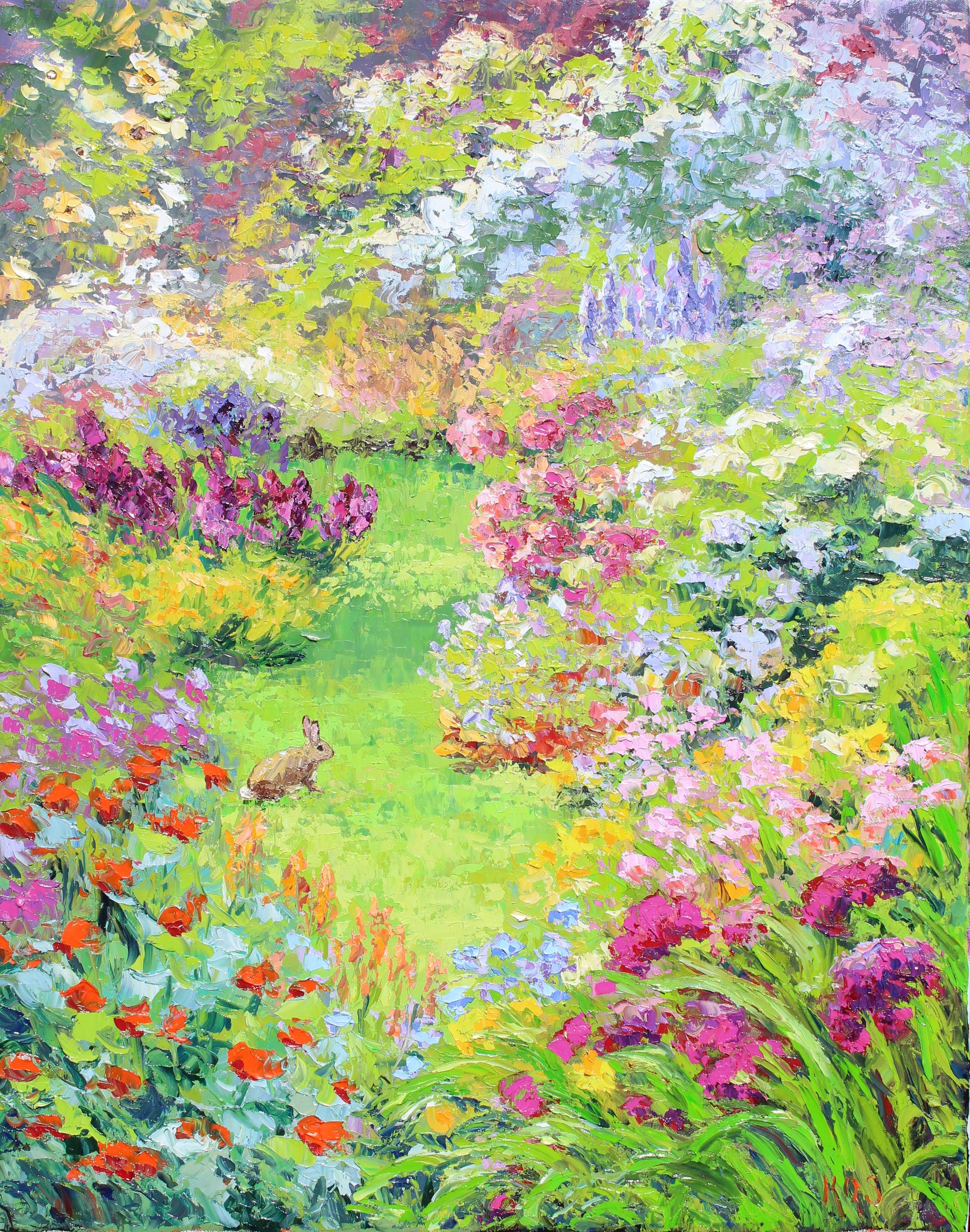 A vibrant oil painting depicting a garden with a variety of flowers and a small rabbit, inspired by Miss Beatrix Potter's work.