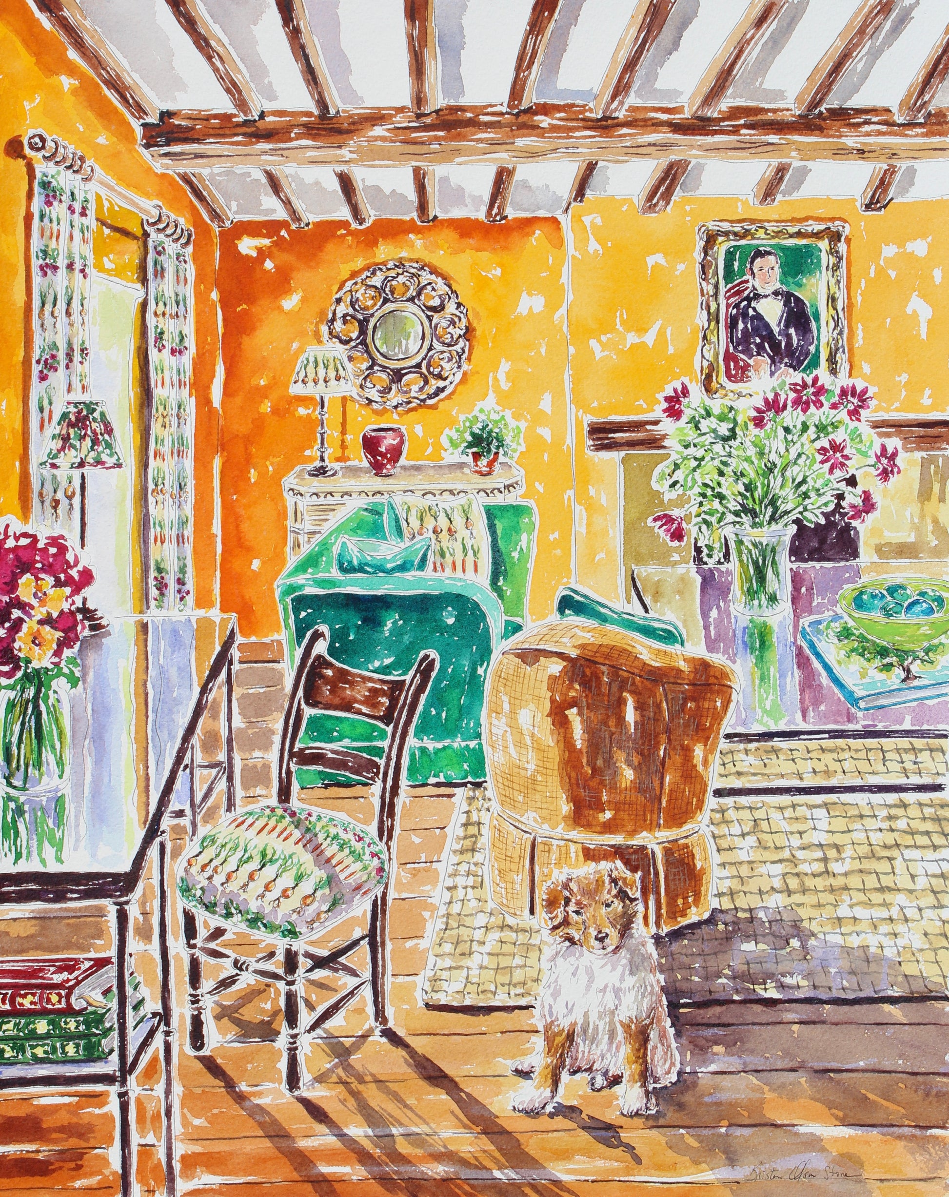 An original watercolor painting of a Rough Collie puppy in a garden style cottage room with garden decor.  Wall decor for art collectors.
