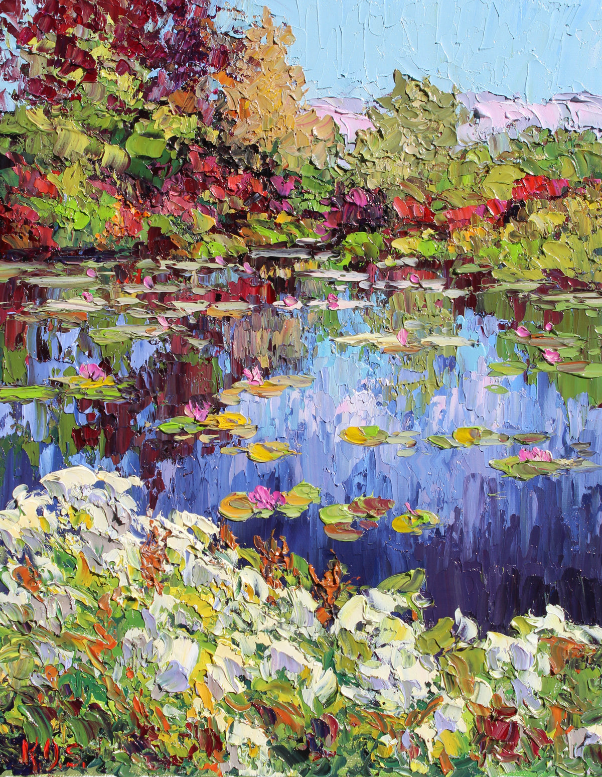 An impasto oil painting depicting a vibrant scene with a pond reflecting trees, surrounded by lush greenery and colorful foliage.