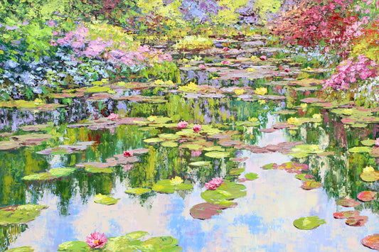 Painting of Monet's pond at Giverny with water lilies and flowers.  Wall decor for art collectors.