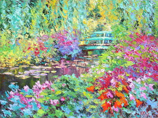 A colorful painting of Monet's garden at Giverny with flowers and a bridge.  Wall decor for art collectors.