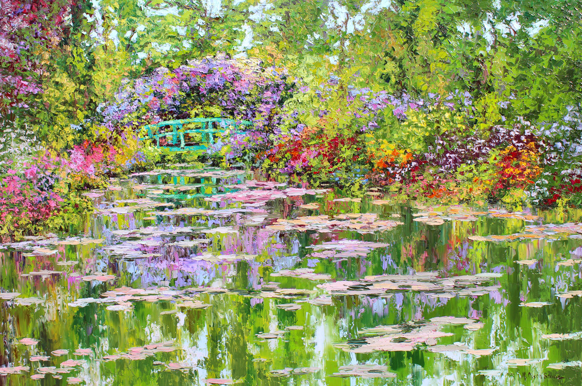 Painting of a garden with a pond and colorful flowers