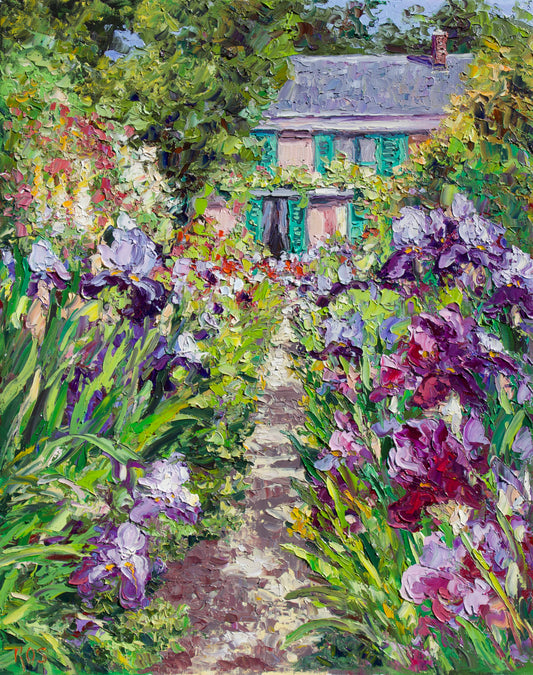 Impressionist-style painting of a garden path leading to a house, surrounded by lush greenery and large purple, pink, and red flowers.
