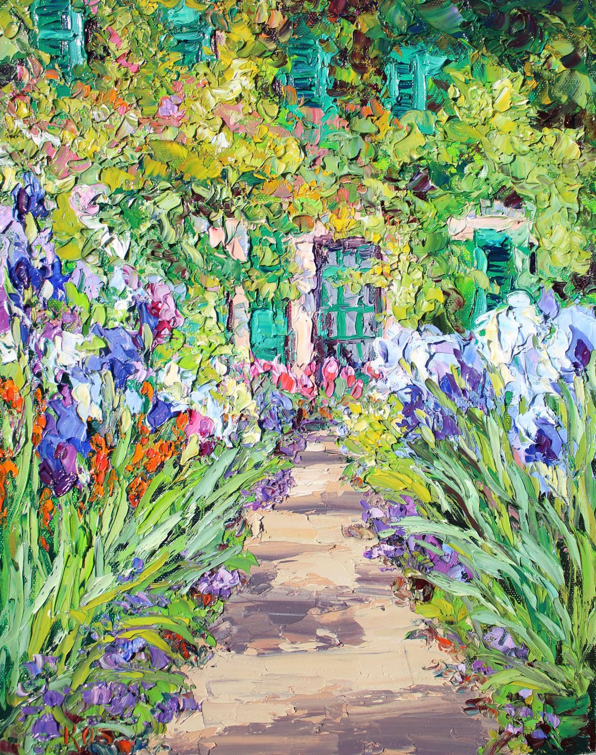 An original garden landscape painting featuring a pathway in an iris garden with colorful flowers and green shutters.