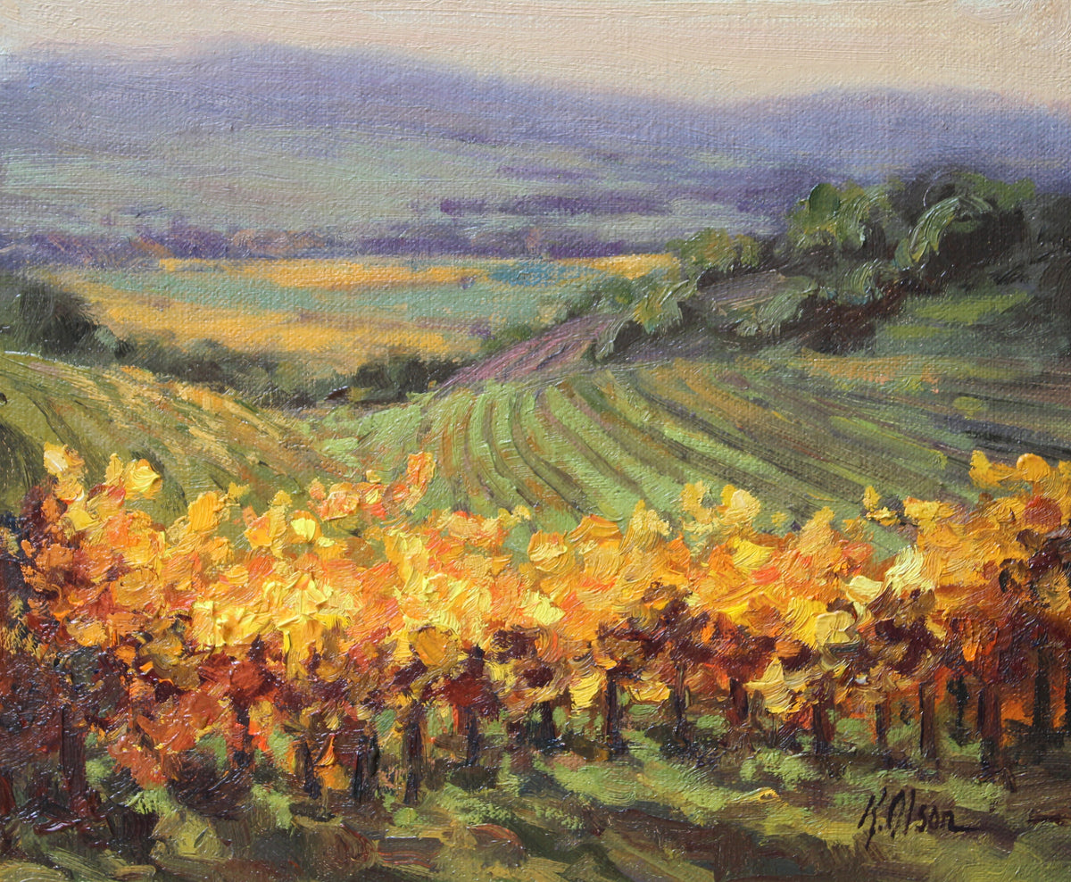 A painting of a vineyard with autumn-colored leaves and a backdrop of a hills and mountains.