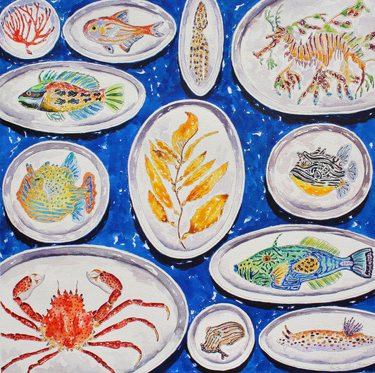 A vibrant giclee print  of a watercolor featuring a collection of hand painted ceramics with unique sea creature designs on each, set against a blue background.  Wall decor for art collectors.