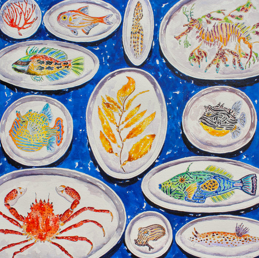 A watercolor painting of a collection of hand-painted ceramic plates featuring various sea creatures such as crabs, tropical fish, kelp and sea dragons against a blue background.  Wall decor for art collectors.