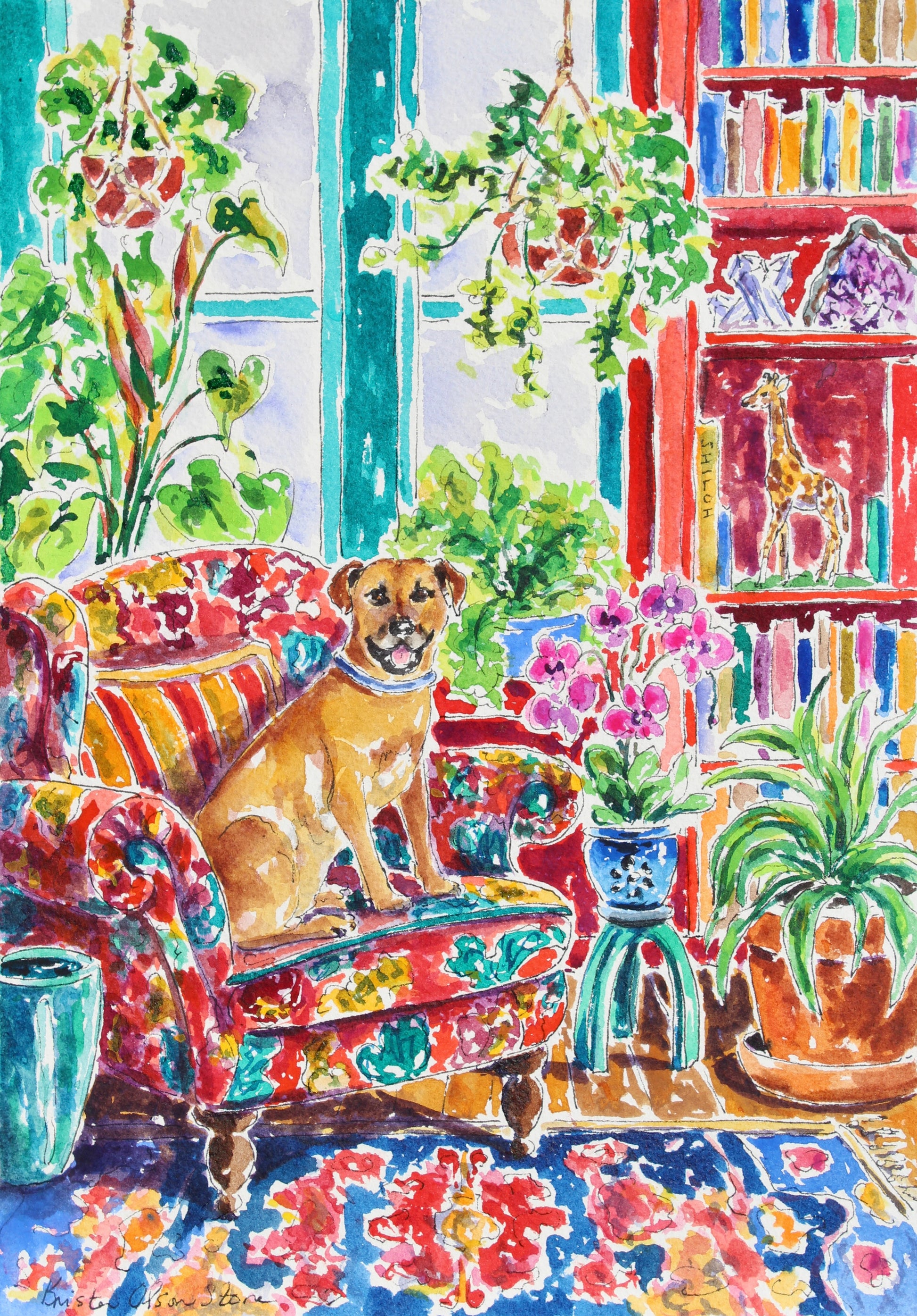 A commissioned painting of a Colorful interior scene with a dog on a floral couch, plants, and books.  Wall decor for art collectors.