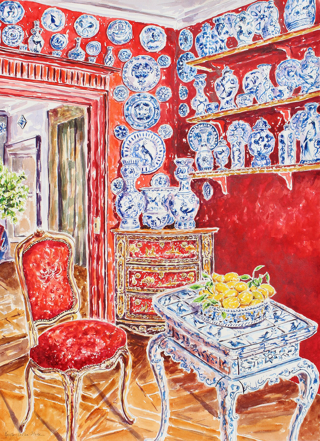 A Giclee print of a watercolor painting of a Chinoiserie painting featuring a collection of blue and white china displayed in a room with red walls.  Wall decor for art collectors.