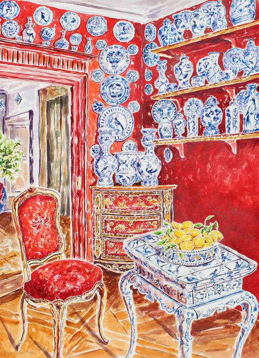 A Giclee print of a watercolor painting of a Chinoiserie painting featuring a collection of blue and white china displayed in a room with red walls.  Wall decor for art collectors.