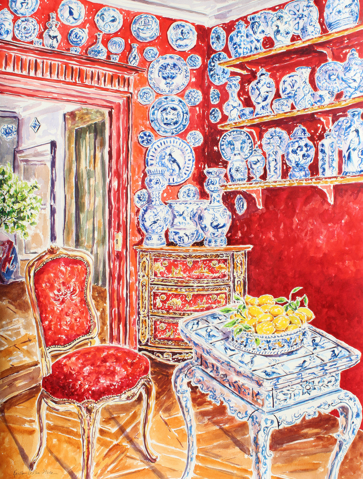 A watercolor painting featuring a room with red walls adorned with blue and white chinoiserie-style decorative plates and a red chair with a blue and white upholstery, with a view of a well-appointed table and a green-gray interior.