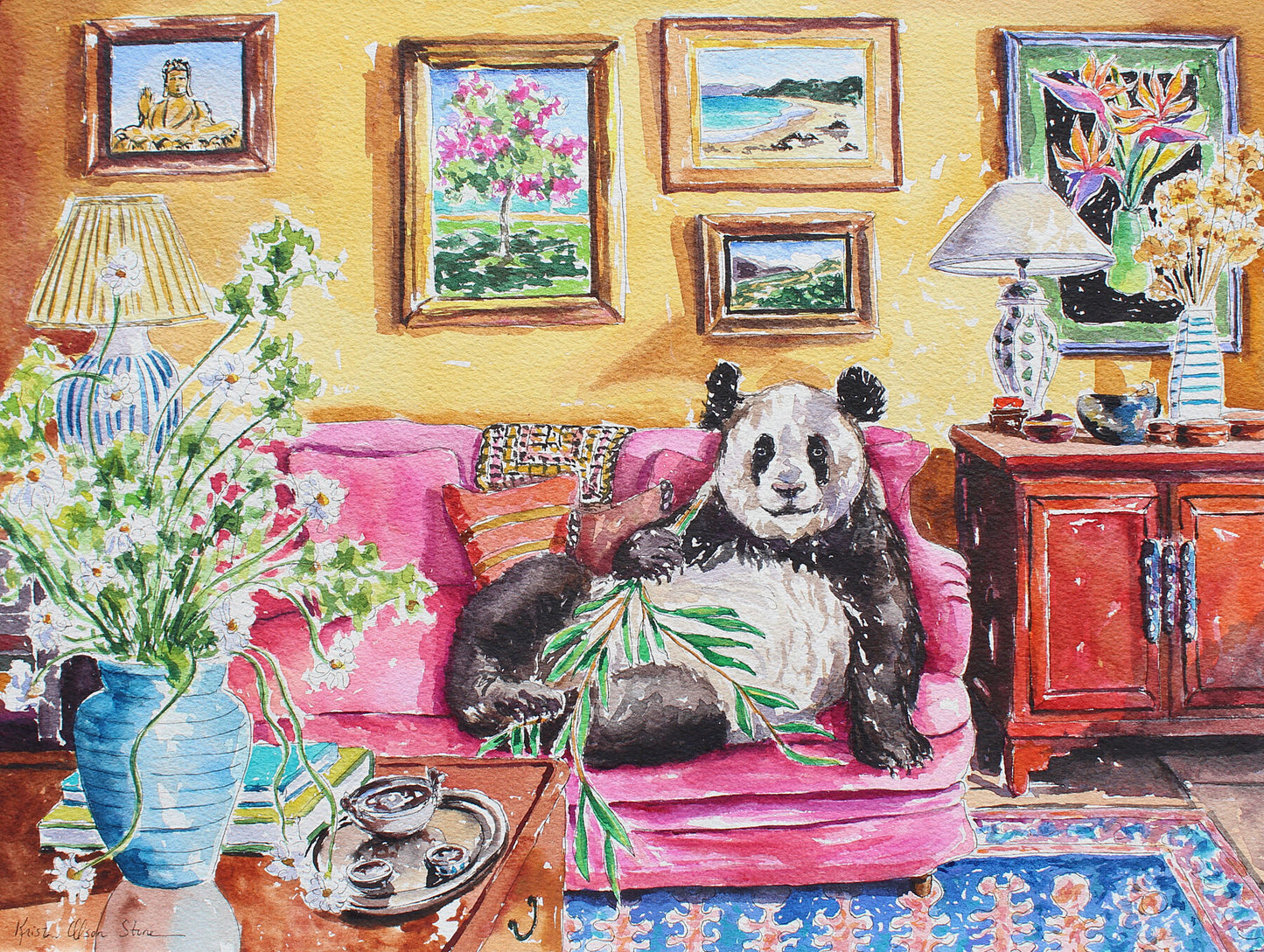 A giclee print of a watercolor and ink painting featuring a panda bear lounging in a room with a portrait of a Hong Kong Orchid tree and a golden meditating Buddha on the wall. Wall decor for art collectors.