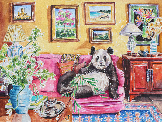 A giclee print of a watercolor and ink painting featuring a panda bear lounging in a room with a portrait of a Hong Kong Orchid tree and a golden meditating Buddha on the wall. Wall decor for art collectors.