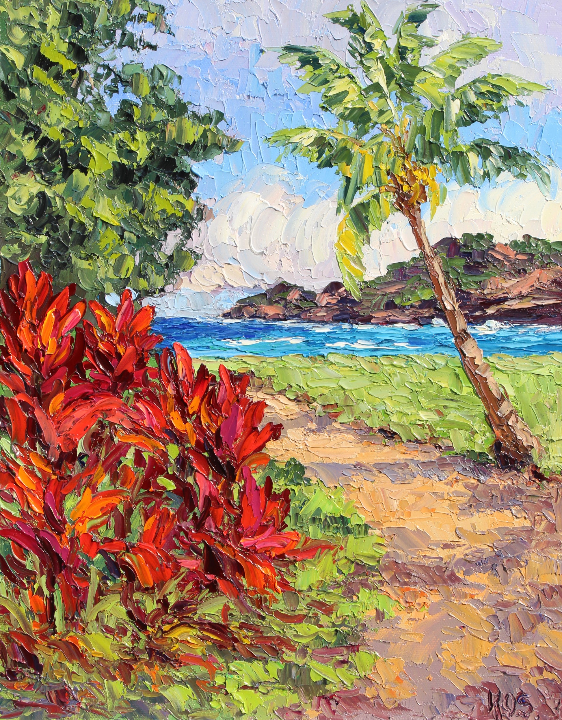 An oil painting of a tropical scene with red ti plants, a coconut palm tree, and a distant sea cliff, viewed from The Marriot Lagoon Resort on Kauai, Hawaii.