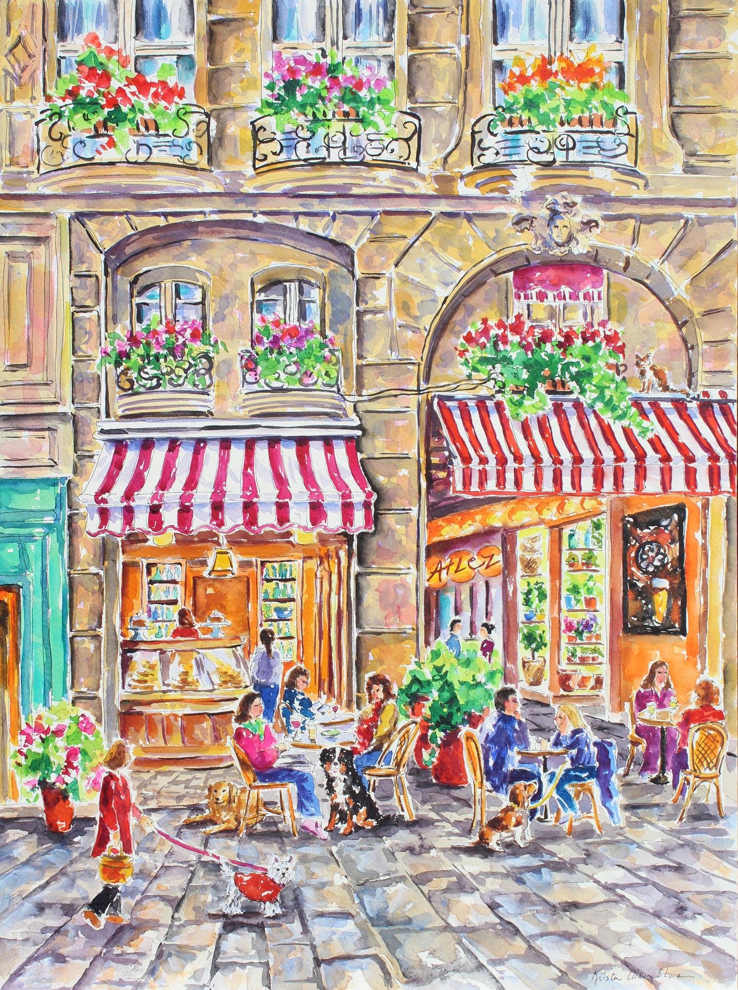 The Siesta- Original impressionist Watercolor painting by fine artist Kristen Olson Stone. Colorful street scene in Paris with people dining outside a café, flowers, and striped awnings.  Wall art decor for collectors.