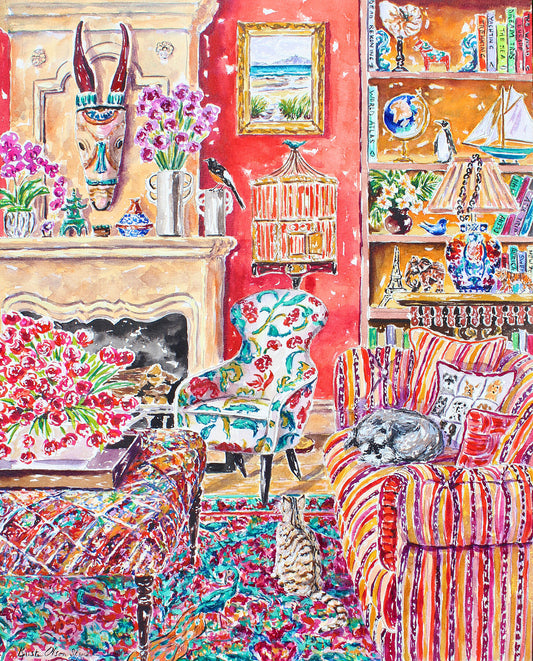 A colorful and detailed Giclee print of a watercolor painting of a room by a family that has traveled the world and brought home a wide range of souvenirs with a fireplace, shelves adorned with travel-themed souvenirs, and a painting of a beach. There is a miniature schnauzer sleeping on the sofa, a tabby cat on the rug looking at a shama bird that is outside of it's cage.  Wall decor for art collectors.