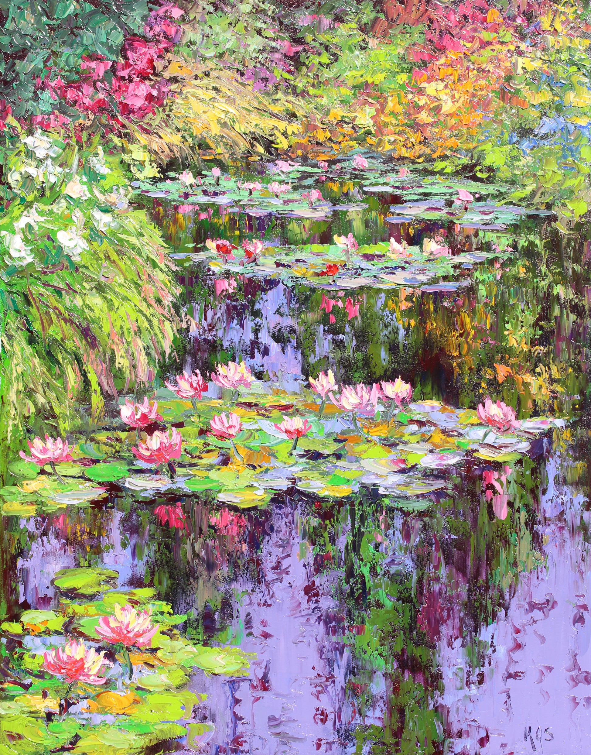 Peaceful Feeling - Original Oil painting by fine artist Kristen Olson Stone. Impressionist Water Lily Pond at Giverny France and vibrant flower garden wall art decor for collectors.