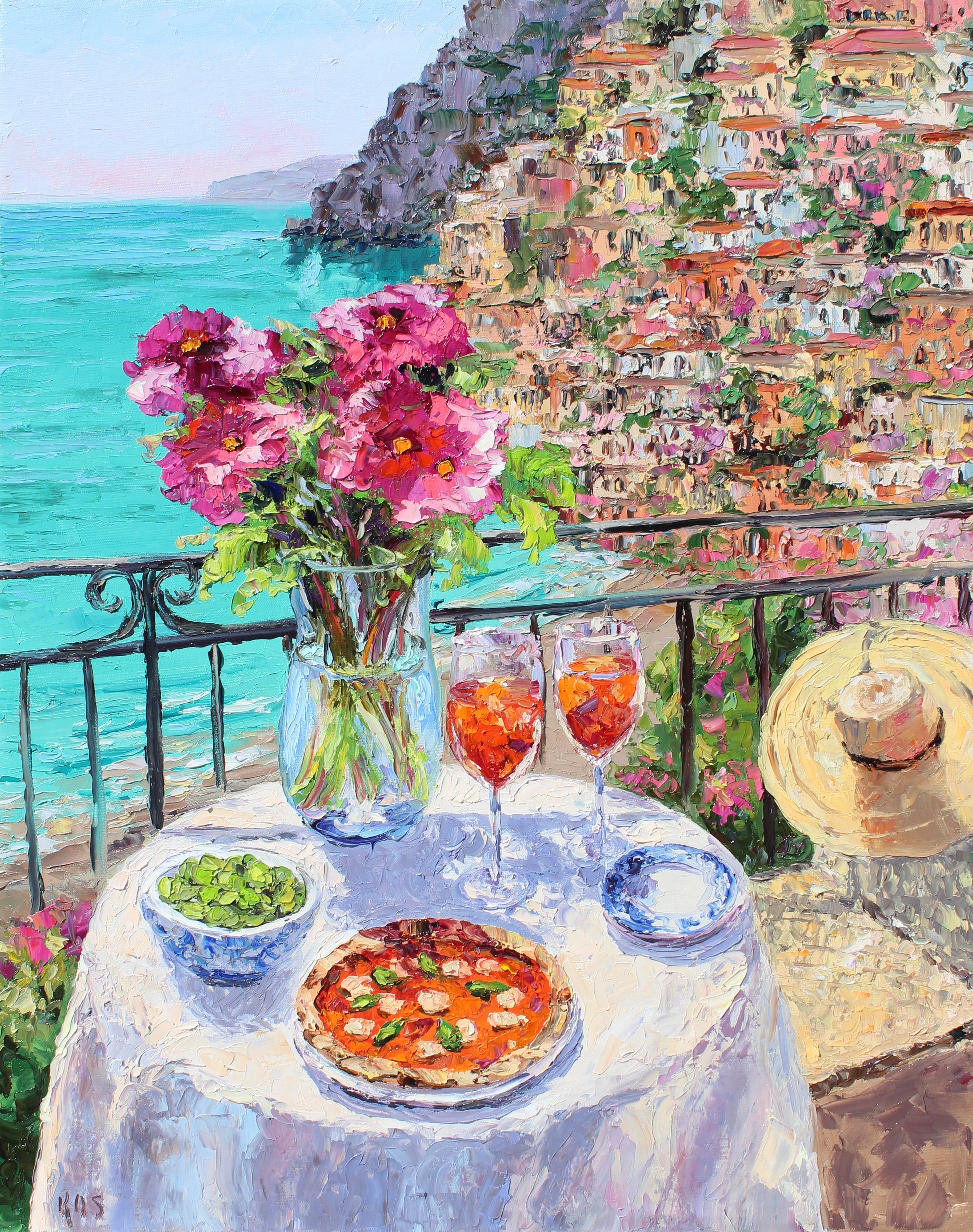 Table with a Margharita pizza and a pair of Aperol Spritz drinks overlooking the Amalfi coast.  Food and flowers by a scenic coastal view. Wall decor for art collectors.