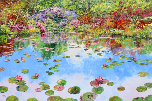 Impasto original oil painting of a garden scene with a pond, flowers, and trees.  the bushes are reflecting into the pond and water lilies are vivid in the foreground.  Wall decor for art collectors.