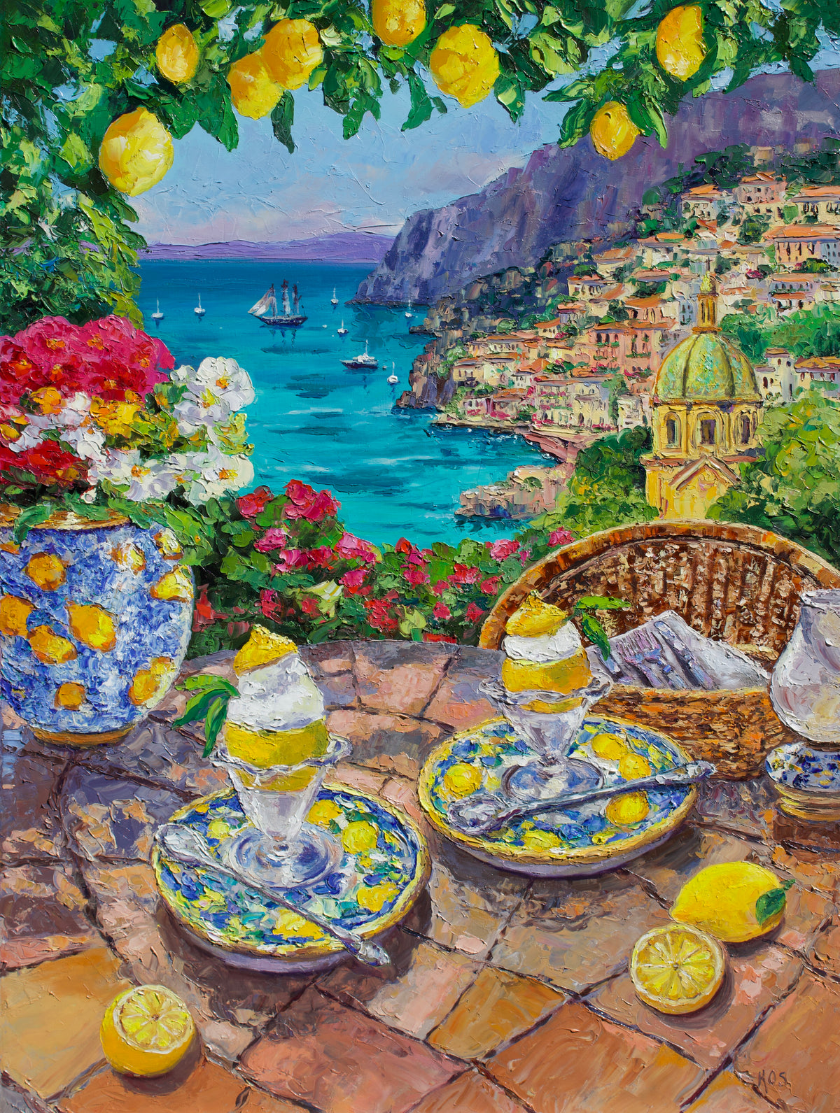 A colorful painted scene of a coastal town overlooking a turquoise sea, with lemons hanging overhead, flowers in a vase, and lemonade glasses on a stone table in the foreground.
