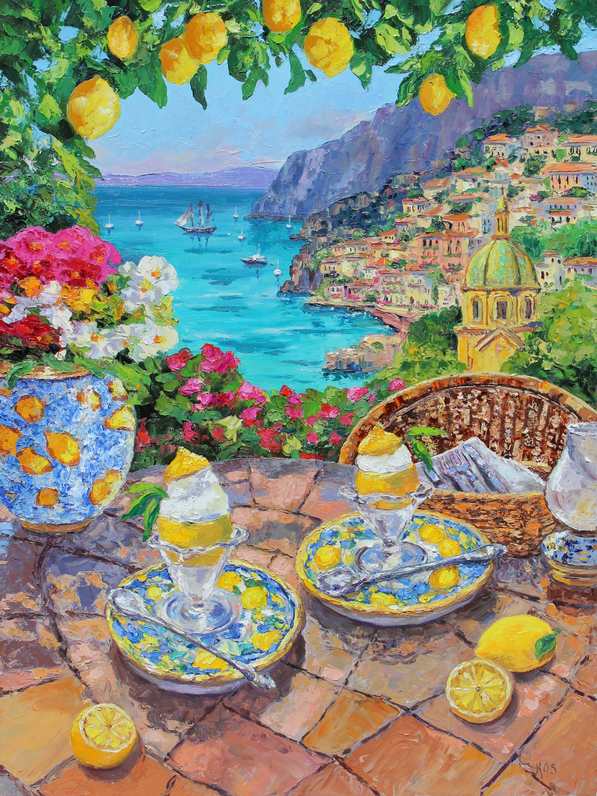 An original oil painting of the view from the sea cliff of Positano.  Lemon Ice desserts are on a terra cotta tiled table with lemons and a painted ceramic vase filled with beautiful flowers.  Lemons frame the top of the scene.  Boats are in the harbour and the sea cliffs, church steeple and hillside village buildings copmlete the scene.  Wall decor for art collectors.