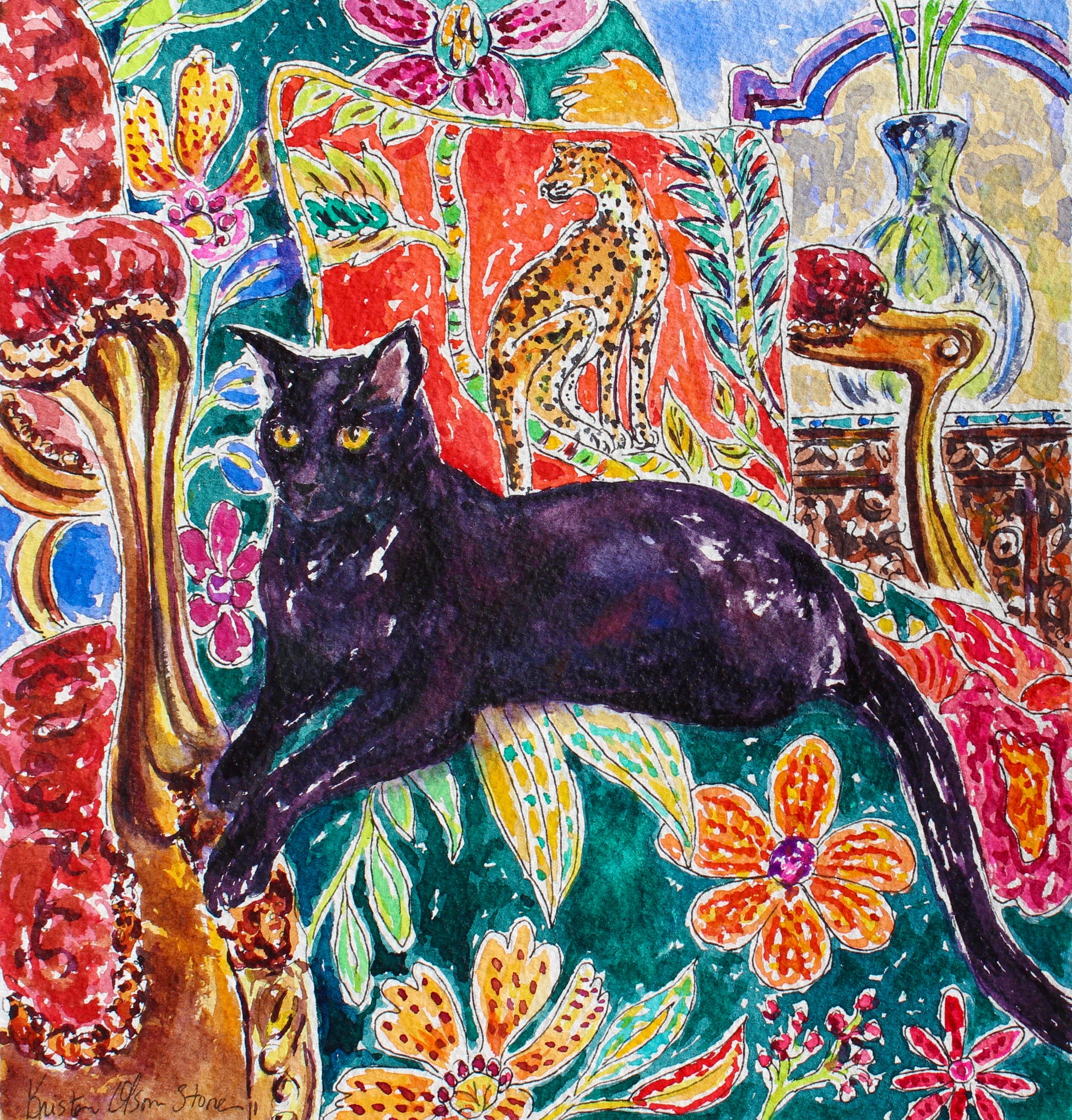 A watercolor and ink painting of a black cat with golden eyes sitting on a gold chair with a colorful floral pattern in the background.  Wall decor for art collectors.